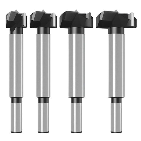 Front view of four 18mm steel wood hole saw drill bits with black cutting heads