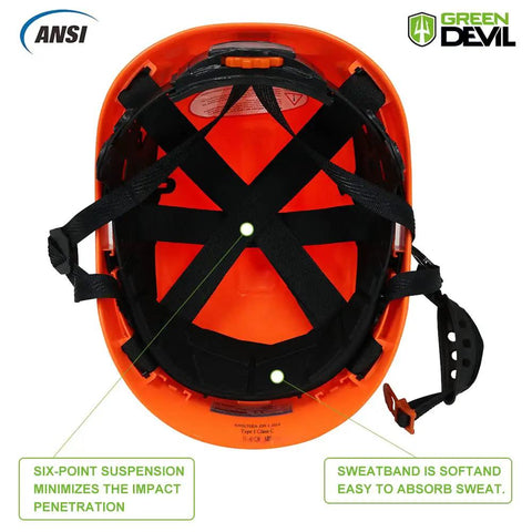 Interior view of 3 In 1 Arborist Safety Helmet With Mesh Face Shield And Removable Ear Muffs For Chainsaw Work showing six-point suspension and soft sweatband.