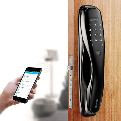 Game Changing Smart Door Lock With Biometric Fingerprint App Control Keyless Entry Security Electronic Lock on wooden door with smartphone.