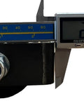 Close-up measuring Beefy 12 Inch Sliding Gate Guide Roller With Removable Axle Bolts Black Hard Rubber Wheel Weld On Mount Heavy Duty Steel Bracket 12 Inch Long 2.375 Inch Wide Wheel 4.5 Lb Each Gate Accessory.