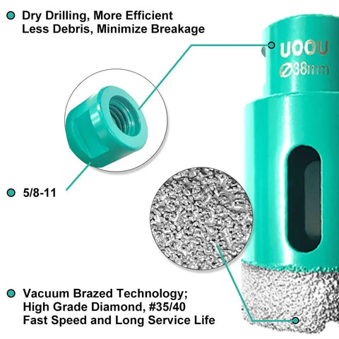 Close-up of vacuum brazed diamond core drill bits hole saw set for porcelain tile granite marble stone brick in 38mm size