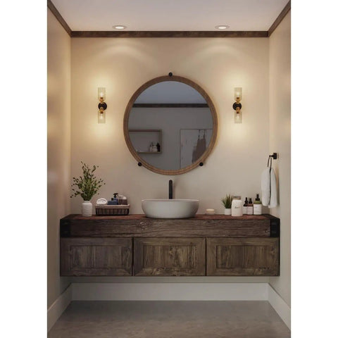 Bathroom with Two Light Clear Glass Farmhouse Bath Vanity Light in Antique Bronze Finish for vintage rustic decor over mirror.