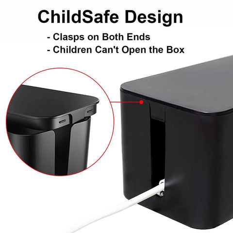 Close-up of black Three Pack Cable Management Box For Desk Large Medium Small Cord Organizer with child-safe clasps and cord outlet