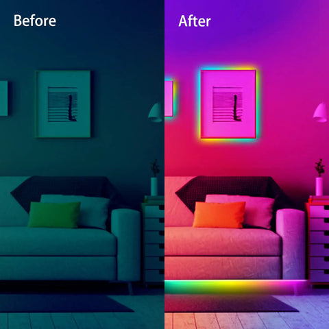 Living room with 50ft Color Changing LED Strip Lights With Bluetooth Music Sync, Color Chasing RGB LEDs for cozy vibe before and after