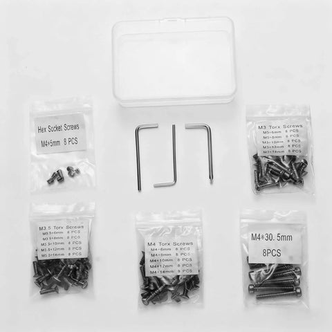 Pro Grade M3 M3.5 M4 Torx Anti Stripping And M4 Hex Screw Set With 6mm 8mm 10mm 12mm 14mm Lengths Standard Head Torx Key Screws 8 Pieces Per Size Includes Installation Tools 136 Black Screws For DIY Projects shown with packaging and tools.