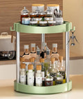 Two Tier 360 Degree Rotating Lazy Susan Spice Rack Organizer with jars and bottles on kitchen countertop