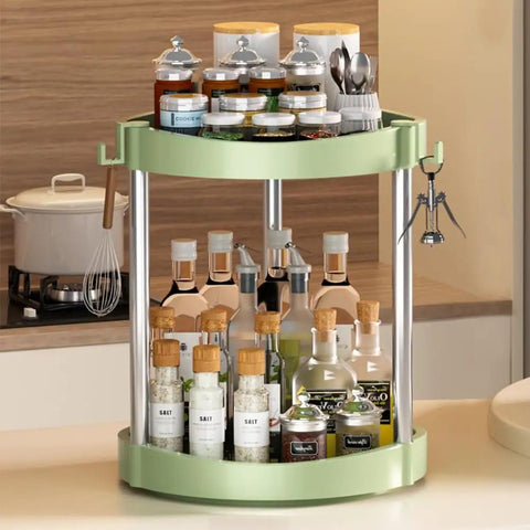 Two Tier 360 Degree Rotating Lazy Susan Spice Rack Organizer with jars and bottles on kitchen countertop