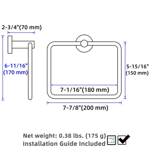 Slick Premium Chrome Square Hand Towel Ring For Bathroom Sink Wall Mounted dimensions illustration 2-3/4" height, 7-1/16" width, and 5-15/16" depth.