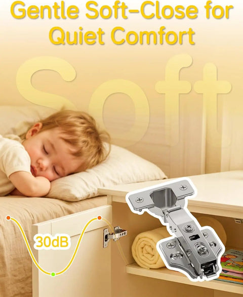 30 Pack Heavy Duty Full Overlay Soft Close Cabinet Hinges Going Like A Dream With 105 Degree Stay At Will Feature And Dead Simple Clip On Mounting For Frameless Kitchen Cupboard Doors near sleeping child.