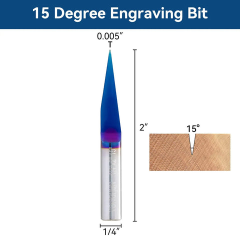 Fifteen Degree V Groove Engraving Router Bit Pro Grade With Five Thousandths Inch Tip And One Quarter Inch Shank Nano Blue Coat