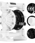 Pro Grade Air Operated Double Diaphragm Pump 15 GPM 1 Inch Port with PTFE diaphragms and polypropylene body.