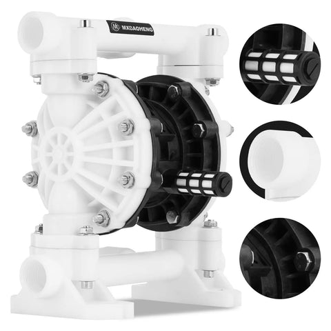 Pro Grade Air Operated Double Diaphragm Pump 15 GPM 1 Inch Port with PTFE diaphragms and polypropylene body.