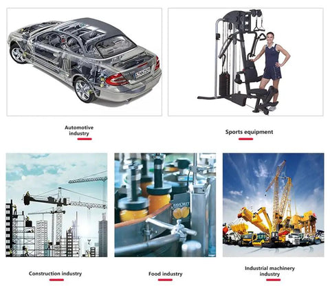 Automotive, sports equipment, construction, food, and industrial machinery industries represented visually
