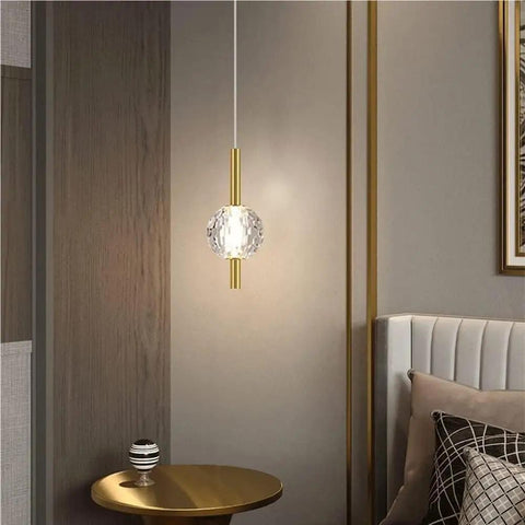 Nordic Minimalist Pendant Light With Crystal Glass Shade, Adjustable Mini Ball Design, in modern bedroom setting