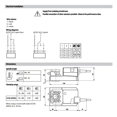Electrical installation diagram for Rock Solid SM24AX Damper Actuator With Knockout 20Nm Torque And Snappy Ac Dc 24V Motor.
