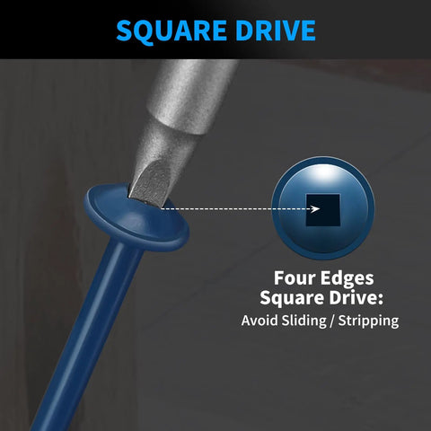 Close-up of square drive head of 2-1/2 Inch Pocket Hole Screws Size 8 Blue Coated Outdoor Grade 325 Pieces Salt Spray Tested Over 1000 Hours