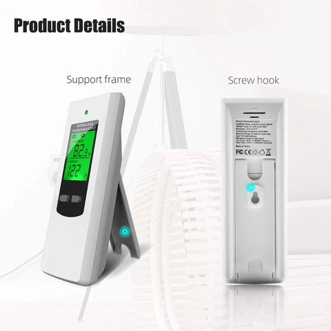 Smart Programmable Wireless Plug In Thermostat Outlet With Built In Temperature Sensor And Remote Control shown with support frame and screw hook