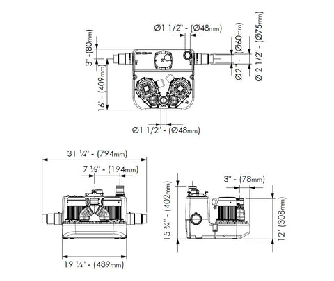 Diagram of Sanicom 2 Commercial Wastewater Drain Pump dimensions with detailed measurements for installation and usage.