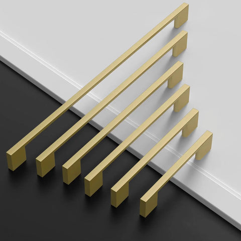 10 Pack Brushed Gold Cabinet Pulls And Drawer Handles With 7.5 Inch Size And 192 mm Hole Centers Crafted From Heavy Duty Zinc displayed in various angles.