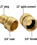 Two brass pressure-washer quick-connect adapters with 1/2-inch plug and 3/4-inch male and female ends.