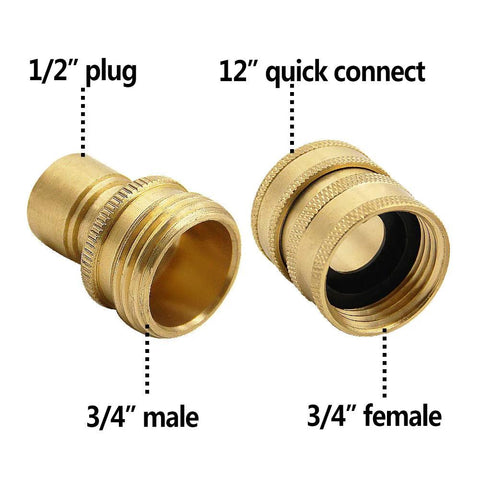 Two brass pressure-washer quick-connect adapters with 1/2-inch plug and 3/4-inch male and female ends.