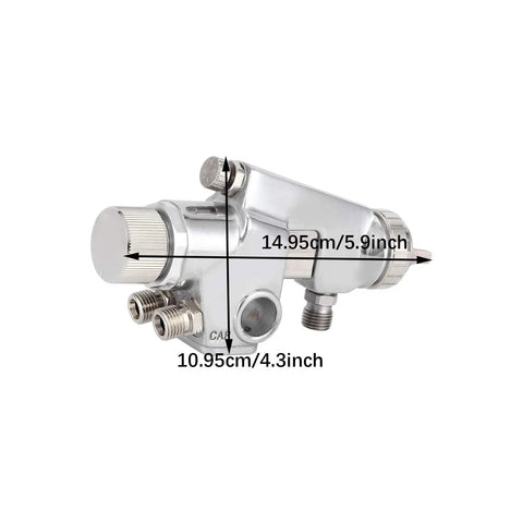 Top Shelf Pneumatic Paint Sprayer For Flawless Cabinet And Home DIY Jobs Slick Zinc Alloy Design Adjustable Spray Head shown with dimensions.