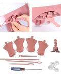 Deluxe Knitting Machine Accessory Set with round loom attachments, replacement parts, wire holders, wool needles, and crochet hook.