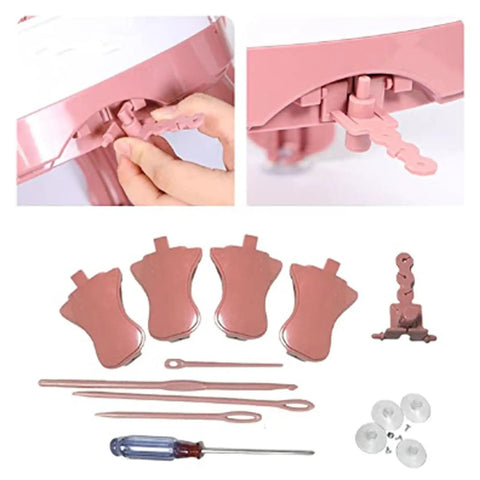 Deluxe Knitting Machine Accessory Set with round loom attachments, replacement parts, wire holders, wool needles, and crochet hook.