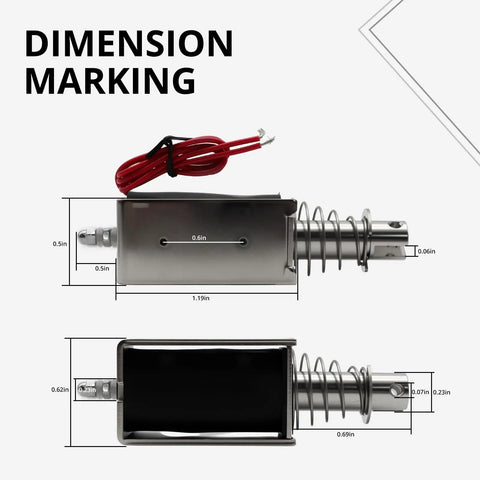12V Push Pull Solenoid Actuator 6N Open Frame Electromagnet With 10mm Stroke showing dimensions and red wire
