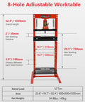 Beefy 12 Ton Hydraulic Shop Press Heavy Duty H Frame with adjustable worktable and stamping plates, industrial garage press.