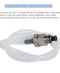Oil Filter Drain Hose Tool For Toyota Lexus Scion 2.0L To 5.7L Cartridge Style Engines Keeps Oil Change Clean By Draining The Filter Housing Before Removal Fits Sienna Tundra Highlander Camry RAV4 showing 30 inch hose and metal connector