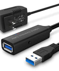 32 Foot USB 3.0 Active Extension Cable With 5V 2A Power Adapter And Built In Signal Booster Chips For Xbox One PS4 PC Printer Keyboard Mouse And Other USB 3.0 Gear, featuring power adapter and USB connectors