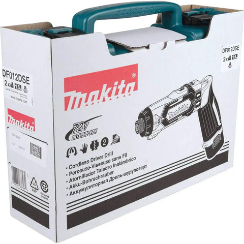 Box of 7.2V Cordless Hex Driver Drill Kit with Auto Stop Clutch and LED Battery Charge Indicator, two speed settings visible.