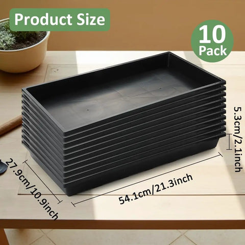 1020 Flat Seed Starter Trays 10 Pack BPA Free Plastic Nursery Pots Trays for Seedlings No Drainage Holes Microgreens Greenhouse Friendly Durable Carrying Tray for Planting and Propagation DIY Home Garden stacked on table with measurements