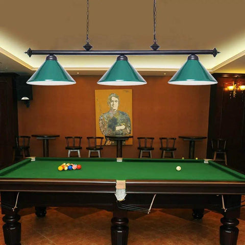59 Inch Hanging Pool Table Light With Three Shade Billiard Lamps above a green pool table in a game room, green finish