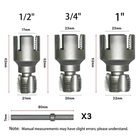 Heavy Duty Pipe Tapping And Threading Tool For PVC Pipes: 1/2, 3/4, and 1 inch pipe threader kit with carbon steel attachments.