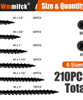 Two Hundred Ten Piece Wood Screws Assortment Kit With Six Sizes From One Half Inch To Two Inches Flat Head Phillips Drywall Screws Black Phosphate Coated Made From 1022A Carbon Steel For Heavy Duty Home And Workshop Projects