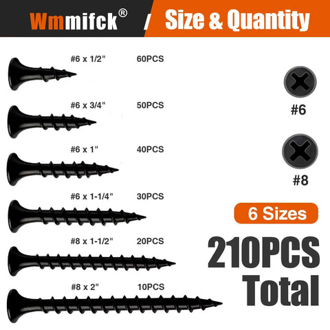 Two Hundred Ten Piece Wood Screws Assortment Kit With Six Sizes From One Half Inch To Two Inches Flat Head Phillips Drywall Screws Black Phosphate Coated Made From 1022A Carbon Steel For Heavy Duty Home And Workshop Projects