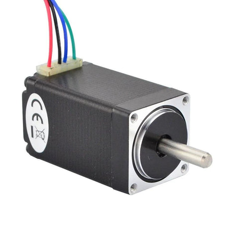 Nema 11 bipolar stepper motor with four-wire white connector, black housing and silver faceplate.