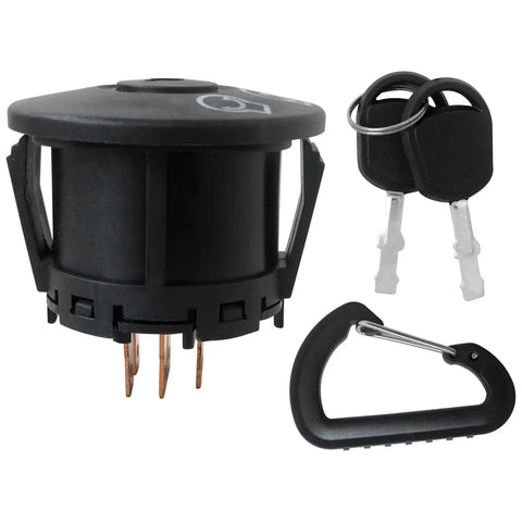 Ignition Starter Switch 3 Position With Key Fit For MTD Yard Machines And Yard Man Lawn Tractors 2013 2011 Replacement Part Easy Install Plug And Play showing the ignition switch, keys, and clip from a side angle.