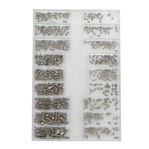 Top Shelf 486 Piece Stainless Steel Micro Screw Assortment Kit Featuring M1.2 M1.4 M2 Sizes In A Heavy Duty Plastic Box with organized screws.