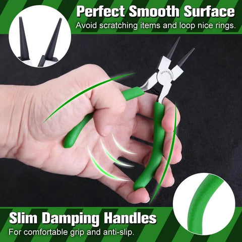 5 Inch Mini Round Nose Pliers For Jewelry Making With Tapered Jaw And Micro Fine Precision Tips, held in hand, green handles.