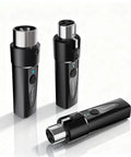 Wireless XLR Mic System With Two Transmitters And One Receiver For Dual Mic Setup, shown with sleek black design.