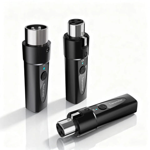 Wireless XLR Mic System With Two Transmitters And One Receiver For Dual Mic Setup, shown with sleek black design.