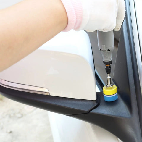 Using 149 Piece 1 Inch Sanding Disc Set With 40 To 7000 Grit Sandpaper Polishing Pads on car mirror with drill