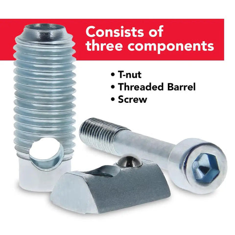 Components of 90 Degree Internal T-Matic Connector With Steel Screw Threaded Barrel And T-Nut For 15 And 40 Series Aluminum Extrusions
