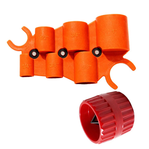 Pro Grade Depth Gauge And Pipe Deburring Tool Kit With Six Size Depth Gauge Set And Chamfer Reamer For Copper PVC CPVC PPR Brass Aluminum Tubing From Three Sixteenth Inch To One And A Half Inch Inner And Outer, featuring orange and red tools for pipe work.