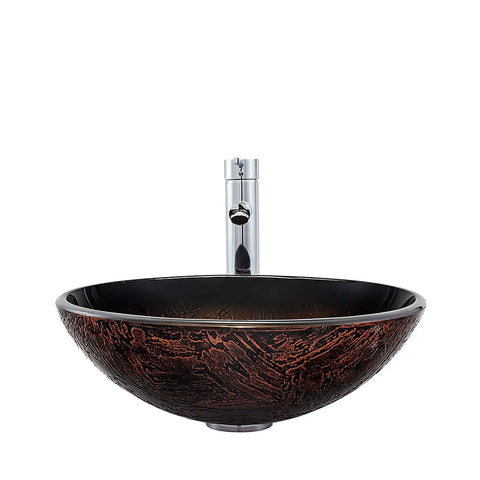 USZWBY Bathroom Vessel Sink with Faucet and Drain Combo Vessel Bowl Sink Tempered Glass Countertop Sink Bowl Round Brown Art Above Counter Sink Art Basin, Thickness 12 Cm, showcasing round brown art sink with chrome faucet.