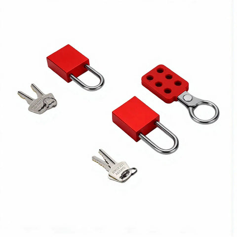 Industrial Safety Lockout Tagout Kit with Six Hole Tamper Proof Hasp and Six Pin Cylinders shown with red padlocks and keys
