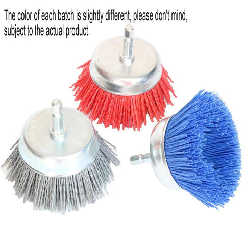 Three Piece Cup Brush Set With Nylon Composite Abrasive For Drills Grit 80 120 320 With Quarter Inch Shank displayed in three colors